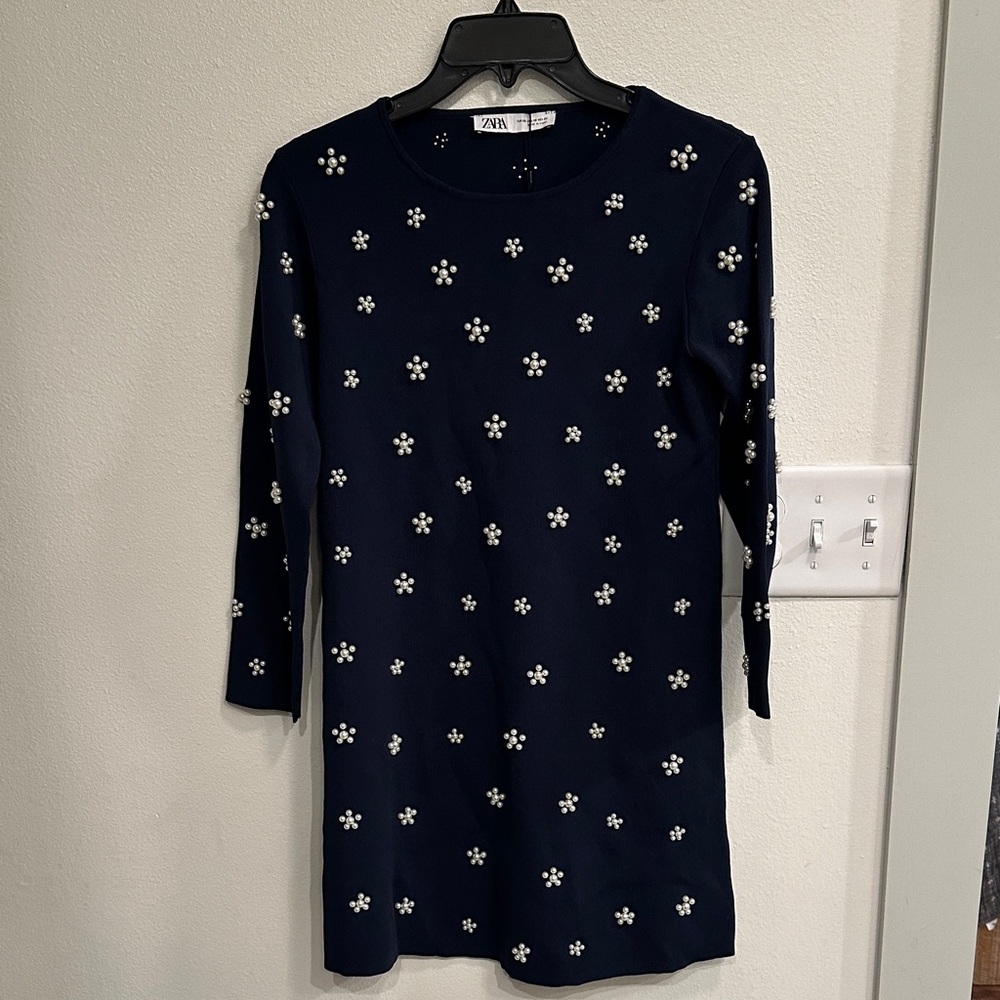 NEW Zara Dark Blue Dress with Pearls